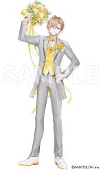 1boy antenna_hair arm_up blonde_hair blue_eyes bouquet bow bowtie buttons commentary_request company_name copyright_notice double-breasted flower fura_kanato grey_jacket grey_pants grin hair_between_eyes hand_on_own_hip holding holding_bouquet jacket lapels long_sleeves looking_at_viewer male_focus momota_rou multicolored_hair nijisanji official_art open_clothes open_jacket orange_hair pants parted_bangs pink_flower pink_rose ribbon rose sample_watermark shirt shoes short_hair simple_background smile solo streaked_hair teeth v-shaped_eyebrows vest virtual_youtuber watermark white_background white_flower white_ribbon white_rose white_shirt white_shoes yellow_bow yellow_bowtie yellow_flower yellow_ribbon yellow_rose yellow_vest