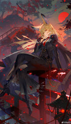 1girl 1other absurdres animal_ear_fluff animal_ears ankle_boots architecture arknights artist_collaboration artist_name bart._d bell-bottoms belt black_coat black_footwear black_gloves black_jacket black_pants black_vest blonde_hair blood blood_on_clothes blood_on_gloves blood_splatter boots cherry_blossoms chinese_commentary cloud coat coat_on_shoulders collared_shirt commentary_request diaoyadedangaoyue dusk east_asian_architecture falling_petals formal_clothes fox_ears fox_girl full_body gloves green_eyes hand_up high_heel_boots high_heels highres jacket long_hair long_sleeves looking_at_viewer mountain necktie on_railing open_clothes open_coat open_jacket outdoors pants petals railing red_necktie shirt sidelocks sitting sky smile stairs suit torii tree vest vulpisfoglia_(arknights) watermark weibo_watermark weibo_watermark white_shirt