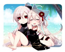 Rule 34 | 2girls, animal ears, bad id, bad pixiv id, barefoot, beach, bikini, black bikini, black sclera, blonde hair, blush, breasts, chaso (konshin), cleavage, closed eyes, colored sclera, dated, day, detached sleeves, frilled thigh strap, hair between eyes, konshin, long hair, medium breasts, multiple girls, open mouth, original, outdoors, ponytail, red eyes, signature, sitting, swimsuit, tail, thigh strap, twintails, water, white hair