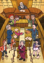 2girls 6+boys aalexfletcher ace_attorney animal bird black_hair brown_hair camera closed_mouth commentary courtroom dick_gumshoe dog english_commentary folder formal_clothes grey_hair highres holding holding_camera holding_folder indoors japanese_clothes judge kimono larry_butz long_hair long_sleeves looking_at_another lotta_hart manfred_von_karma maya_fey miles_edgeworth multiple_boys multiple_girls open_mouth orange_hair pants paper parrot phoenix_wright phoenix_wright:_ace_attorney pointing pointing_at_another polly_(ace_attorney) shiba_inu shirt shoes short_hair standing suit the_judge_(ace_attorney) yanni_yogi
