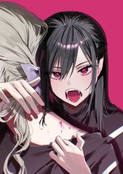 2girls aihara_wakana black_hair blood chigusa_minori commentary_request fangs girls_x_vampire grey_hair hair_between_eyes highres long_hair luluna_von_bettelheim multiple_girls open_mouth pink_background pink_eyes upper_body yuri