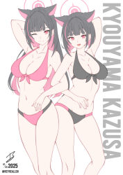 2girls :d ;) absurdres alternate_costume alternate_hair_length alternate_hairstyle animal_ears arm_behind_head bare_shoulders bikini black_bikini black_hair blue_archive blunt_bangs blunt_ends bob_cut breasts bright_pupils cat_ears cat_girl character_name cleavage closed_mouth collarbone colored_inner_animal_ears colored_inner_hair commentary curvy dual_persona english_commentary extra_ears eyelashes feet_out_of_frame front-tie_bikini_top front-tie_top hair_behind_ear hair_intakes halo halterneck highres kazusa_(blue_archive) large_breasts locked_arms long_hair looking_at_viewer multicolored_bikini multicolored_hair multiple_girls navel one_eye_closed open_mouth pink_bikini pink_hair pink_halo realen red_eyes short_hair signature simple_background skindentation smile standing stomach straight_hair swimsuit thighs twitter_username two-tone_bikini two-tone_hair white_background