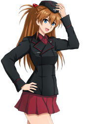 Rule 34 | 1girl, absurdres, adjusting clothes, adjusting headwear, alternate costume, black hat, black jacket, blue eyes, commentary, cowboy shot, dress shirt, garrison cap, girls und panzer, hat, highres, insignia, jacket, kuromorimine military uniform, long hair, long sleeves, looking at viewer, military hat, military uniform, miniskirt, neon genesis evangelion, omachi (slabco), open mouth, orange hair, pleated skirt, red shirt, red skirt, shirt, simple background, skirt, smile, solo, souryuu asuka langley, standing, two side up, white background, wing collar