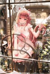 1girl absurdres animal_ears babydoll bow breasts cafe candle candlestand cat_ears cat_girl cat_tail chair cleavage closed_mouth earrings glass_writing hair_bow heart highres jewelry lace-trimmed_bow lace_trim large_breasts long_hair navel on_chair original pendant pink_eyes plant red_hair see-through_babydoll see-through_clothes seiza sitting snow solo stairs tail white_babydoll white_bow window yuxing_yuhang