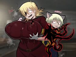 1boy 1girl animal_ears blonde_hair blush breasts cat_boy cat_ears english_text gloves grabbing_another&#039;s_breast groping hellsing highres large_breasts pink_eyes red_eyes schroedinger_(hellsing) seras_victoria starykrow tight_clothes uniform