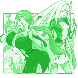 1boy 3girls ass barry_(pokemon) barry_(pokemon)_(cosplay) barry_(special_costume)_(pokemon) beanie bodysuit breasts brock_(pokemon) bug closed_eyes commentary_request cosplay covered_erect_nipples cynthia_(pokemon) dawn_(pokemon) gen_2_pokemon gloves green_theme hair_over_one_eye hat headgear heracross highres kenchi large_breasts long_hair lusamine_(pokemon) monochrome multiple_girls nintendo official_alternate_costume one_eye_covered open_mouth pokemon pokemon_(creature) pokemon_dppt pokemon_masters_ex pokemon_rgby pokemon_sm scarf scizor selene_(pokemon) selene_(pokemon)_(cosplay) selene_(special_costume)_(pokemon) short_hair small_breasts smile thumbs_up
