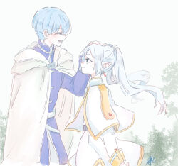 Rule 34 | 1boy, 1girl, :d, ^ ^, absurdres, blue eyes, blue hair, blue jacket, capelet, cloak, closed eyes, closed mouth, earrings, elf, facing another, frieren, grey background, grey hair, hair between eyes, headpat, highres, himmel (sousou no frieren), hood, hood down, hooded cloak, jacket, jewelry, long hair, looking at another, open mouth, pointy ears, seila rei, shirt, short eyebrows, simple background, skirt, smile, sousou no frieren, striped clothes, striped shirt, thick eyebrows, twintails, white capelet, white cloak, white skirt
