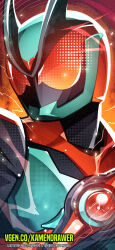 1boy antennae armor ashmish belt bodysuit bug compound_eyes glowing glowing_eyes helmet highres horns kamen_rider kamen_rider_zeztz kamen_rider_zeztz_(series) looking_at_viewer male_focus red_eyes rider_belt solo standing tokusatsu upper_body