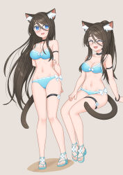 1girl :d ^_^ absurdres aina_(mao_lian) animal_ear_fluff animal_ears arm_behind_back armlet bikini black_choker blue_eyes blush bow bow_bikini breasts brown_hair cat_ears cat_tail choker cleavage closed_eyes full_body hair_between_eyes highres jewelry large_breasts long_hair mao_lian_(nekokao) multiple_views navel open_mouth original over-rim_eyewear sandals semi-rimless_eyewear sitting smile solo standing swimsuit tail thigh_strap very_long_hair