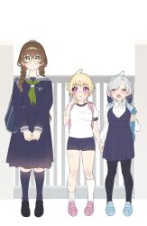 3girls age_difference aged_down ahoge asymmetrical_legwear backpack bad_id bad_twitter_id bag bandaid bandaid_on_arm bandaid_on_face bandaid_on_forehead bandaid_on_leg bandaid_on_nose bandaid_on_thigh black_pantyhose black_shoes blonde_hair blue_bag blue_dress blue_hat blue_serafuku blue_shirt blue_shoes blue_shorts blue_skirt blue_socks blush braid breasts brown_hair chin_strap collared_shirt crossed_bangs dress eyes_visible_through_hair finger_to_cheek full_body glasses green_eyes green_neckerchief grey_hair hair_intakes hand_up hat highres holding_hands long_hair long_sleeves looking_at_another looking_at_viewer medium_breasts minase_alice_(yayoi_maka) minase_eve_(yayoi_maka) minase_satsuki_(yayoi_maka) multiple_girls neckerchief open_mouth original pantyhose parted_lips pinafore_dress pink_bag pink_eyes pink_shoes pleated_dress pleated_skirt sailor_collar school_gateway school_uniform serafuku shirt shoes short_sleeves shorts shoulder_bag siblings sideways_glance simple_background sisters sketch skirt sleeveless sleeveless_dress socks standing swept_bangs uneven_legwear v_arms white_background white_sailor_collar white_shirt white_socks wolf_cut yawning yayoi_maka