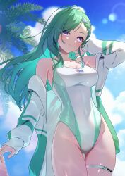 1girl alternate_costume bare_shoulders braid braided_bangs breasts casual_one-piece_swimsuit cloud cloudy_sky colored_inner_hair commentary_request covered_navel cowboy_shot eyelashes gluteal_fold green_hair groin hand_on_own_ear highleg highleg_one-piece_swimsuit highres jacket large_breasts light_blush long_hair long_sleeves looking_at_viewer mole mole_on_breast multicolored_hair one-piece_swimsuit open_clothes open_jacket outdoors palm_tree parted_lips purple_eyes purple_hair sky solo swimsuit thigh_strap tokonagi_yori tree two-tone_one-piece_swimsuit virtual_youtuber vspo! yakumo_beni