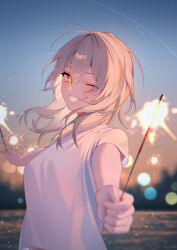 1girl bechu breasts fireworks grey_hair grin highres holding holding_fireworks honkai:_star_rail honkai_(series) long_hair looking_at_viewer midriff one_eye_closed shirt short_sleeves smile solo sparkler stelle_(honkai:_star_rail) teeth trailblazer_(honkai:_star_rail) white_shirt yellow_eyes