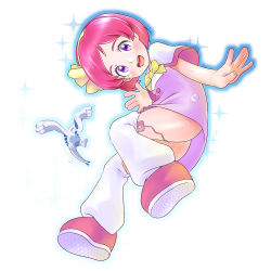 1girl :d buttons capelet commentary_request creatures_(company) dress eyelashes game_freak gen_2_pokemon hairband hand_up leg_warmers legendary_pokemon looking_down lugia margo_(pokemon) nemimini nintendo no_panties open_mouth pink_hair pokemon pokemon_(anime) pokemon_(creature) pokemon_the_movie:_the_power_of_us purple_dress purple_eyes sex_toy shiny_skin shoes short_hair smile sparkle teeth tongue upper_teeth_only vibrator white_leg_warmers white_legwear yellow_hairband