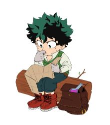 1boy 2nd_popularity_poll_(boku_no_hero_academia) backpack bag blue_pants boku_no_hero_academia commentary english_commentary flask full_body green_eyes green_hair green_vest grey_hair highres holding holding_map log male_focus map mica_(c_killjoy) midoriya_izuku pants red_shoes shoes sitting solo thinking vest