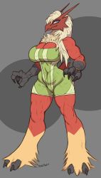 1girl artist_name bad_furaffinity_id bad_id bare_shoulders blaziken blue_eyes bodysuit breasts claws cleavage closed_mouth covered_navel dated female_focus full_body furry furry_female gen_3_pokemon green_bodysuit grey_background happy highres large_breasts long_hair looking_at_viewer muscular nintendo personification platinum_blonde_hair pokemon pokemon_(creature) robotjoe signature simple_background smile solo standing tail thick_thighs thighs two-tone_background