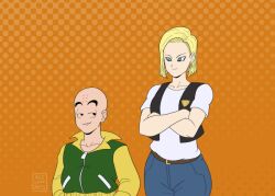 1boy 1girl acelewdarts android_18 bald bald_male black_eyes blonde_hair blue_eyes couple dragon_ball excited excited_for_sex husband_and_wife kuririn looking_at_another thick_thighs thighs