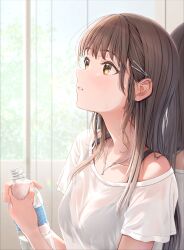Rule 34 | 1girl, absurdres, black bra, blush, bottle, bra, breasts, brown eyes, brown hair, character request, cleavage, commentary, copyright request, from side, fujinomiya rio, hair ornament, hairclip, highres, holding, holding bottle, jewelry, long hair, looking up, mirror, necklace, off shoulder, parted lips, reflection, see-through clothes, see-through shirt, shirt, short sleeves, small breasts, smile, solo, straight hair, symbol-only commentary, underwear, upper body, white shirt