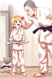 1boy 1girl alternate_costume barefoot belt black_belt black_hair blonde_hair cat commentary_request cookie_(touhou) dougi facial_hair fang full_body hair_ribbon headpat highres kusoneko looking_at_another manatsu_no_yo_no_inmu martial_arts_belt miura_cat miura_daisenpai mole mole_under_mouth nadeko_(cookie) open_mouth red_ribbon ribbon rumia short_hair smile stubble touhou very_short_hair white_belt