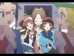 2boys 3girls :d artist_name bag bianca_(pokemon) black_vest blue_eyes blue_jacket blurry blurry_foreground brown_hair cheren_(pokemon) closed_eyes cocoloco collarbone commentary_request dated eyelashes family hand_on_another&#039;s_shoulder hand_up hat hilbert_(pokemon) hilda_(pokemon) jacket letterboxed long_sleeves multiple_boys multiple_girls nintendo open_clothes open_mouth open_vest pants pink_bag pokemon pokemon_bw shirt shorts shoulder_bag sidelocks smile unova_mother_(bw) vest white_hat white_shirt zipper_pull_tab