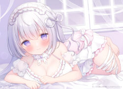 1girl ahoge bare_shoulders barefoot bed_sheet blush breasts cleavage closed_mouth commentary_request dated detached_sleeves dress frilled_hairband frills full_body hair_ribbon hairband indie_virtual_youtuber indoors large_breasts leg_ribbon long_hair looking_at_viewer lying naito_mare_(vtuber) official_art omochi_monaka on_stomach puffy_short_sleeves puffy_sleeves purple_eyes ribbon see-through_ribbon short_dress short_sleeves signature smile solo thigh_ribbon virtual_youtuber white_dress white_hair white_ribbon window