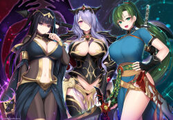 Rule 34 | 3girls, armor, black armor, black hair, black panties, bodystocking, book, breasts, camilla (fire emblem), clawed gauntlets, cleavage, fire emblem, fire emblem: the blazing blade, fire emblem awakening, fire emblem fates, fire emblem warriors, green hair, hair over one eye, highres, holding, holding sword, holding weapon, huge breasts, kashiwamochi yomogi, large breasts, long hair, lyn (fire emblem), multiple girls, nintendo, official alternate costume, panties, pelvic curtain, ponytail, purple eyes, purple hair, scabbard, sheath, shoulder armor, side slit, smile, sword, tharja (fire emblem), thighs, tiara, twintails, underwear, very long hair, wavy hair, weapon