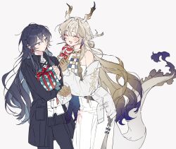 Rule 34 | 2girls, 66hongcha, :d, ^ ^, arknights, black hair, black jacket, blush, brown hair, candy, closed eyes, closed mouth, cowboy shot, doctor (arknights), dragon girl, dragon horns, dragon tail, earrings, expressionless, facing another, female doctor (arknights), food, gift, grey background, grey eyes, grey hair, hair between eyes, highres, holding, holding gift, horns, jacket, jewelry, lollipop, long hair, looking at another, multicolored hair, multiple girls, open mouth, purple hair, shu (arknights), simple background, smile, standing, swirl lollipop, tail, very long hair, yuri