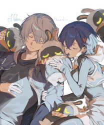 Rule 34 | 1boy, 1girl, absurdres, bangboo (zenless zone zero), bangboo 6 (zenless zone zero), belle (zenless zone zero), black shirt, blue hair, cuddling, english text, eous (zenless zone zero), grabbing another&#039;s arm, grey hair, hair between eyes, hair ornament, hashibiro kou (garapiko p), highres, jacket, shirt, short hair, siblings, sleeping, white background, wise (zenless zone zero), zenless zone zero