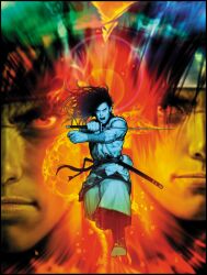 3boys capcom_vs_snk_2 fighting_stance furrowed_brow game_cg hakama hakama_skirt haoumaru headband highres holding holding_weapon japanese_clothes katana kusanagi_kyou lips long_hair male_focus mori_toshiaki multiple_boys muscular non-web_source nose official_art ponytail poster_(medium) realistic red_pupils ryu_(street_fighter) samurai_spirits skirt street_fighter sword the_king_of_fighters weapon white_headband