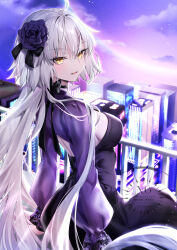 1girl absurdres ahoge balcony black_bow black_dress blush bow breasts cityscape dress fate/grand_order fate_(series) flower hair_between_eyes hair_flower hair_ornament hane_yuki highres jeanne_d&#039;arc_alter_(fate) jeanne_d&#039;arc_alter_(over_the_same_sky)_(fate) large_breasts long_hair long_sleeves looking_at_viewer night night_sky open_mouth purple_flower purple_rose purple_shrug rose sideboob sky smile solo very_long_hair white_hair yellow_eyes