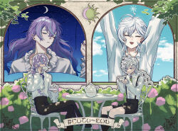 Rule 34 | 2boys, :o, alternate costume, ascot, black pants, black shorts, blue hair, blue sky, border, bush, chair, closed eyes, commentary request, crescent moon, cropped torso, cup, drop shadow, feet out of frame, green ascot, green eyes, heterochromia, highres, holding, holding cup, holding saucer, hoshirube sho, long hair, long sleeves, moon, multicolored hair, multiple boys, murakumo kagetsu, nagikiho, night, night sky, nijisanji, outdoors, outline, pants, purple eyes, purple hair, saucer, shirt, short hair, shorts, sky, star (sky), starry sky, streaked hair, suspender shorts, suspenders, table, teacup, teapot, translation request, virtual youtuber, white hair, white shirt, wide sleeves