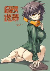 1girl ass bad_feet beats_by_dr._dre book bottomless breasts brown_eyes brown_hair female_focus glasses headphones highres large_breasts original short_hair sitting solo sweater tokita_monta turtleneck