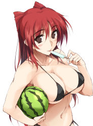 Rule 34 | 1girl, bikini, black bikini, blush, breasts, brown eyes, female focus, food, fruit, holding, kousaka tamaki, large breasts, licking, long hair, navel, popsicle, red hair, simple background, solo, swimsuit, to heart (series), to heart 2, tongue, tongue out, two side up, watermelon, white background, zekkyon