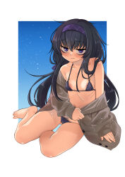 1girl absurdres bags_under_eyes bare_shoulders barefoot bikini black_hair blue_archive blush breasts cardigan embarrassed female_pubic_hair full_body gujira highres long_hair looking_at_viewer navel nipple_slip nipples no_halo off_shoulder open_cardigan open_clothes pubic_hair pubic_hair_peek purple_eyes ribs sitting small_breasts smile solo swimsuit ui_(blue_archive) ui_(swimsuit)_(blue_archive) wavy_mouth