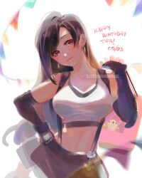 1girl bag bare_shoulders birthday black_gloves black_hair black_skirt blush breasts character_name closed_mouth crop_top dated earrings elbow_gloves final_fantasy final_fantasy_vii final_fantasy_vii_remake fingerless_gloves gloves hair_behind_ear hand_on_own_hip happy_birthday head_tilt highres holding holding_bag jewelry large_breasts lips long_hair looking_at_viewer makohouse midriff navel red_eyes shopping_bag skirt solo suspender_skirt suspenders swept_bangs tank_top teardrop_earrings tifa_lockhart twitter_username upper_body white_tank_top