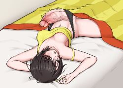 Rule 34 | 1futa, areola slip, black panties, breasts, brown hair, bulge, closed eyes, clothes pull, erection, erection under clothes, futanari, highres, hololive, huge penis, lace, lace-trimmed panties, lace trim, lying, medium breasts, nail polish, navel, on back, on bed, oozora subaru, panties, penis, penis out, precum, puffy areolae, rulean, shirt pull, short hair, sleeping, solo, uncensored, underwear, veins, veiny penis, virtual youtuber, yellow nails