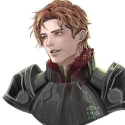 Rule 34 | 1boy, armor, artist name, breastplate, commentary, cropped torso, dated, english commentary, fire emblem, fire emblem: three houses, fur-trimmed collar, fur trim, highres, looking to the side, male focus, nat chaitea, nintendo, orange eyes, orange hair, parted hair, parted lips, pauldrons, red fur, short hair, short sideburns, shoulder armor, simple background, solo, sylvain jose gautier, sylvain jose gautier (timeskip), teeth, white background