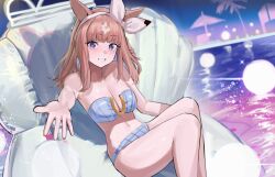 1girl almond_eye_(umamusume) animal_ears bikini blue_bikini blue_eyes braided_sidelocks brown_hair commentary_request feet_out_of_frame grin highres horse_ears horse_girl horseshoe_ornament inflatable_raft long_hair looking_at_viewer multicolored_hair night smile solo solokitsune strapless strapless_bikini swimsuit umamusume water