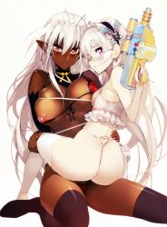 10s 2girls 3: absurdres antenna_hair ass asymmetrical_docking bare_shoulders bikini black_legwear blush breast_press breasts butterfly_hair_ornament chaika_trabant cleavage cover cover_page dark-skinned_female dark_elf dark_skin elbow_gloves elf fingerless_gloves frills front-tie_top glasses gloves hair_ornament highres hitsugi_no_chaika large_breasts leg_grab long_hair looking_at_viewer looking_back micro_bikini multiple_girls nail_polish namaniku_atk nipple_slip nipples nitroplus official_art orange_eyes panties pointy_ears purple_eyes sansei_muramasa scan see-through_clothes shiny_skin simple_background sitting sitting_on_lap sitting_on_person skindentation small_breasts soukou_akki_muramasa strap_gap string_panties swimsuit thighhighs thong thong_bikini torso_grab tsurime underwear very_long_hair wariza water_gun white_background white_hair white_legwear wide_hips