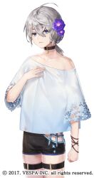 1boy ahoge arm_at_side arm_up black_choker black_male_swimwear blue_eyes choker commentary_request cowboy_shot flower frown grey_hair hair_between_eyes hair_flower hair_ornament hand_on_own_chest highres hwansang_jungdog king&#039;s_raid korean_commentary long_hair low_side_ponytail male_swimwear mixed-language_commentary official_alternate_costume official_art partial_commentary pavel_(king&#039;s_raid) purple_flower shirt simple_background single_off_shoulder solo swimsuit white_background white_shirt
