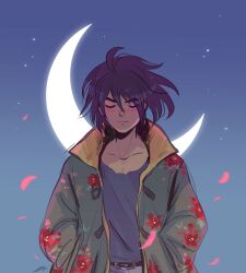 1boy andythelemon black_hair blush closed_eyes collarbone crescent_moon eyebrows eyelashes falling_petals floral_print flower furrowed_brow gundam gundam_tekketsu_no_orphans hair_between_eyes hands_in_pockets highres male_focus medium_hair mikazuki_augus moon pale_skin petals solo