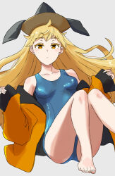 1girl barefoot blonde_hair blue_one-piece_swimsuit breasts collarbone dalachi_(headdress) feet full_body highres jack_(wkm74959) jacket long_hair matara_okina one-hour_drawing_challenge one-piece_swimsuit open_clothes open_jacket orange_eyes orange_jacket school_swimsuit simple_background solo swimsuit toes touhou white_background