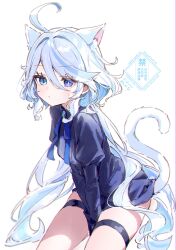 1girl absurdres ahoge animal_ears blue_eyes blue_hair blue_jacket blue_ribbon cat_ears cat_girl cat_tail closed_mouth commentary furina_(genshin_impact) genshin_impact hair_between_eyes heterochromia highres jacket juliet_sleeves kemonomimi_mode long_sleeves looking_at_viewer midorinokaibutu4500 neck_ribbon puffy_sleeves ribbon short_hair simple_background sitting smile solo tail thick_thighs thigh_strap thighs watermark white_background