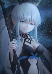 Rule 34 | 1girl, absurdres, anata6350, black bow, black dress, blue eyes, bow, braid, breasts, center opening, cleavage, dress, fate/grand order, fate (series), grey hair, hair bow, highres, large breasts, long hair, long sleeves, looking at viewer, morgan le fay (fate), morgan le fay (third ascension) (fate), navel, night, night sky, ponytail, sidelocks, sky, smile, solo, spikes, staff, tiara, two-tone dress, very long hair, white dress, wide sleeves