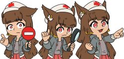 :3 animal_ear_fluff animal_ears anubis_(mythology) brown_hair canadian_flag celphase collage ear_piercing ears_down eyebrows_hidden_by_hair grey_hoodie hat holding holding_sign hood hoodie jackal_ears jackal_girl long_hair magnifying_glass mascot no_entry_sign orange_eyes orange_skirt piercing pointing road_sign sign simple_background skirt transparent_background white_hat worried