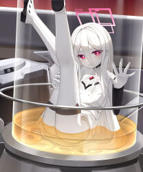 1girl absurdres arsenic_(dufw2887) blue_archive blush boots colored_skin commentary_request dress hair_between_eyes halo highres kei_(blue_archive) kei_(new_body)_(blue_archive) legs_up long_hair long_hair_between_eyes long_sleeves looking_at_viewer pink_halo rectangular_halo red_eyes sitting solo thigh_boots trapped very_long_hair white_boots white_dress white_hair white_skin wide_sleeves