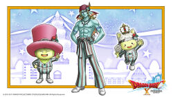 Rule 34 | 3boys, abs, animal ears, aqua jumpsuit, aqua pants, arm tattoo, artist request, back fin, bandana, black eyes, blonde hair, blush stickers, border, brown jumpsuit, brown pants, closed eyes, clothes around waist, colored skin, copyright logo, copyright name, crown, dragon quest, dragon quest x, fins, fish boy, food, fruit, full body, green fur, hands on own hips, hat, head fins, highres, hyuuza (dq10), jacket, jacket around waist, jewelry, jumpsuit, long hair, looking to the side, male focus, multiple boys, muscular, muscular male, naburetto, necklace, nipples, official art, official wallpaper, open mouth, pants, pink hat, prince laguas, purple eyes, raspberry, red bandana, smile, striped clothes, striped jumpsuit, striped pants, tattoo, third-party source, tooth necklace, top hat, topless male, v, vertical-striped clothes, vertical-striped jumpsuit, vertical-striped pants, waving, white border, white day, white fur, white hair, yellow skin