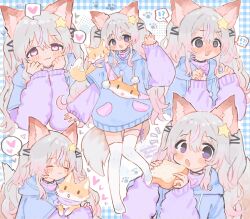 !? 1girl :&lt; :3 :o @_@ animal animal_bag animal_ears animal_on_shoulder annytf arm_up bag blue_hood blue_hoodie blush bright_pupils brown_tail claw_pose closed_eyes closed_mouth colored_tips commentary commission curled_fingers dot_nose drawstring english_commentary english_text facing_viewer fox fox_bag fox_ears fox_girl fox_tail full_body grey_hair hair_between_eyes hair_ornament half-closed_eyes hands_on_own_cheeks hands_on_own_face hands_up heart heart-shaped_pupils highres holding holding_animal hood hood_down hoodie imminent_bite indie_virtual_youtuber jewelry layered_sleeves leg_ribbon long_hair long_sleeves looking_at_viewer mooosikasite multicolored_hair multiple_views necklace no_pupils no_shoes nose_blush notice_lines open_hand open_mouth outstretched_arm over-kneehighs paw_print paw_print_background pink_eyes pink_hair plaid_background pocket pom_pom_(clothes) purple_eyes purple_ribbon purple_sweater raised_eyebrows ribbon short_over_long_sleeves short_sleeves shoulder_bag sleeves_past_wrists spoken_heart spoken_interrobang standing standing_on_one_leg star_(symbol) star_hair_ornament streaked_hair sweater symbol-shaped_pupils tail tail_raised tareme thank_you thigh_ribbon thighhighs two-tone_hair upper_body very_long_hair virtual_youtuber white_pupils white_thighhighs