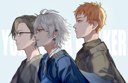 3boys amd_aoneko aohitsugi_samatoki black-framed_eyewear black_shirt blue_eyes busujima_rio_mason chain cigarette ear_piercing glasses highres hypnosis_mic iruma_jyuto jacket mad_trigger_crew male_focus messy_hair mouth_hold multiple_boys orange_hair piercing profile shirt short_hair simple_background upper_body