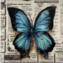 Rule 34 | absurdres, blue butterfly, bug, butterfly, highres, insect, julia stankevych, newspaper, oil painting (medium), original, painting (medium), realistic, still life, traditional media, ukrainian text, wall of text