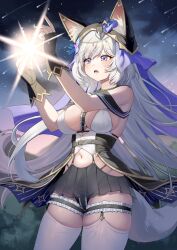 1girl absurdres animal_ears armpit_crease bare_shoulders between_breasts black_gloves black_panties black_skirt black_veil blue_eyes breasts center_frills commentary_request commission cowboy_shot diffraction_spikes fang fingerless_gloves fox_ears fox_tail frilled_thigh_strap frills gloves gold_trim hands_up highleg highleg_panties highres korean_commentary large_breasts long_hair looking_ahead meteor_shower microskirt navel open_mouth original panties pleated_skirt second-party_source shant_07 shirt skindentation skirt sleeveless sleeveless_shirt solo standing stomach string_panties tail thigh_strap thighhighs underwear veil very_long_hair white_hair white_shirt white_thighhighs